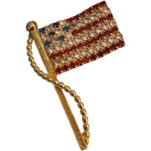 VINTAGE RAFAELIAN RHINESTONE PATRIOTIC US AMERICAN FLAG GOLD TONE BROOCH PIN